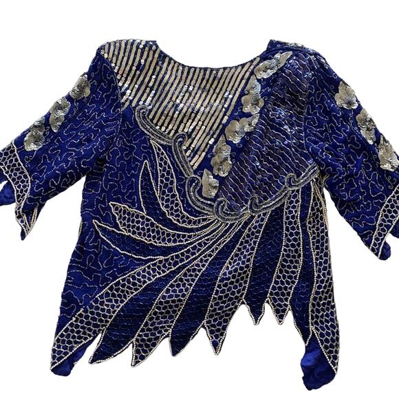 Vintage Royal Blue Pure Silk Beaded Pearl & Silver Sequins V-Neck Retro Blouse - Picture 7 of 10